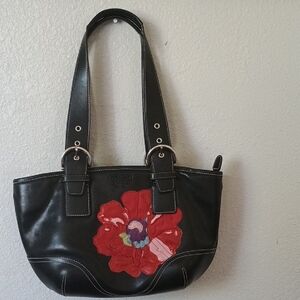 Coach Black and Red Shoulder Bag with Floral Design